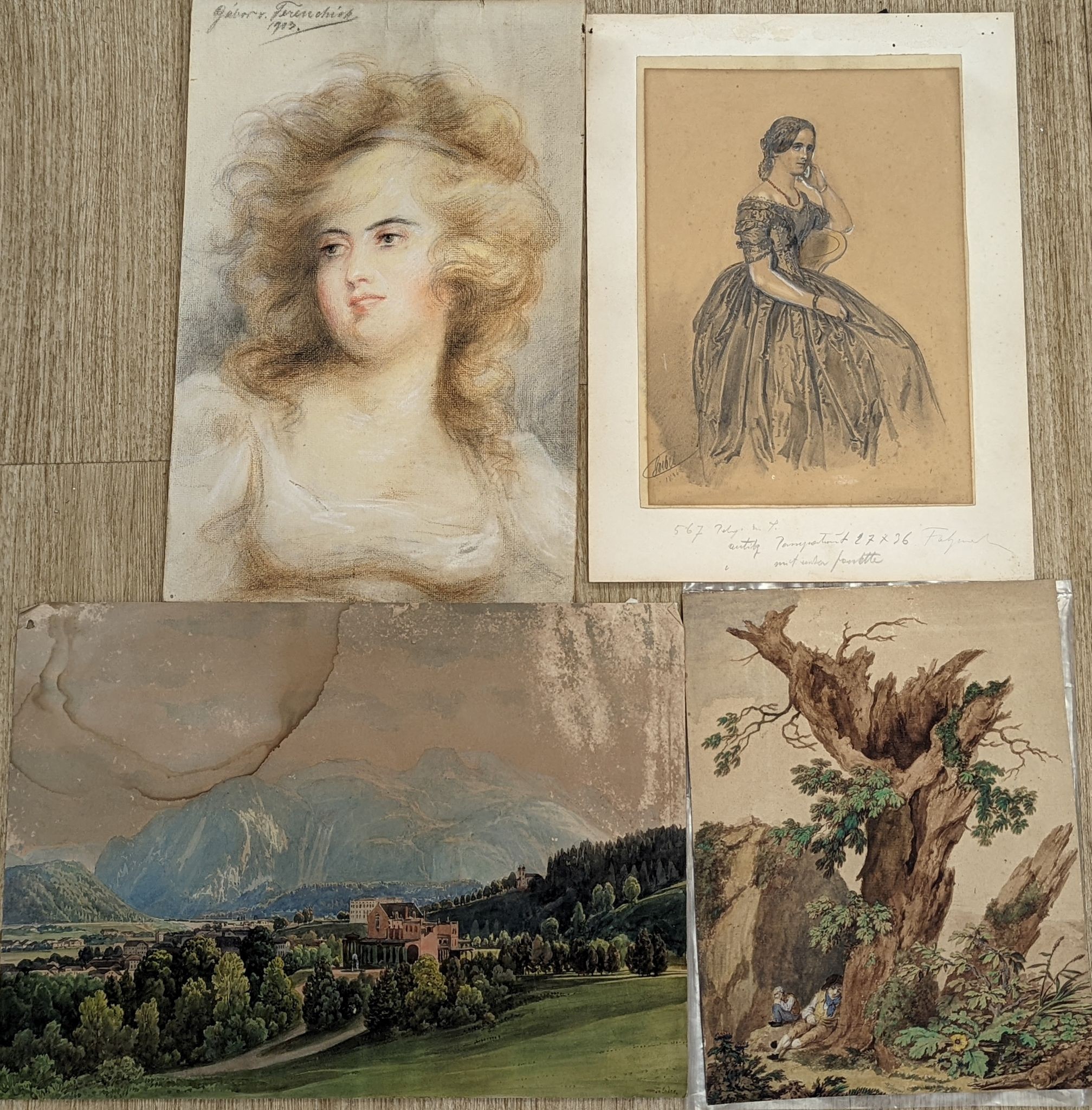 G A B Ferenchini, pastel, Head study of a lady, signed and dated 1903, 38 x 25cm and three assorted watercolour landscapes, all unframed